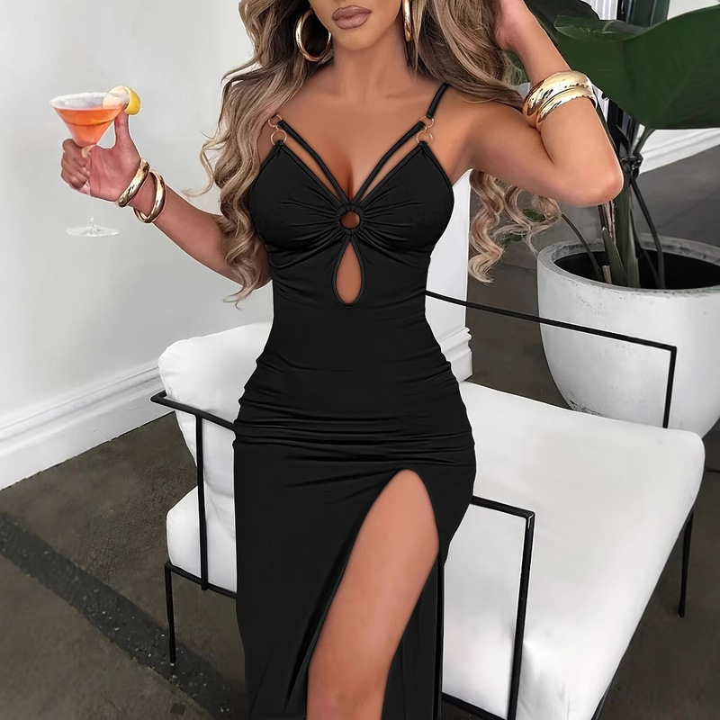 2025 summer European and American cross-border new sleeveless V-neck tight-fitting collar split long leg hollow pleated dress