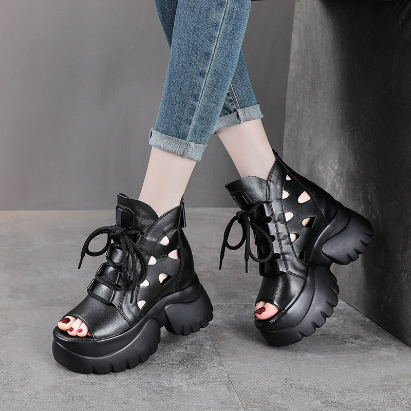 Boot nữ cổ thấp miệng cá đế dày gót 9 cm da thật — Màu đen