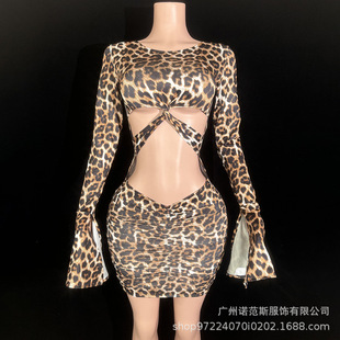 Autumn New Leopard Print Elements Cross Strap Distinctive dress Fashion Club Sexy suit Women's Performance Clothes