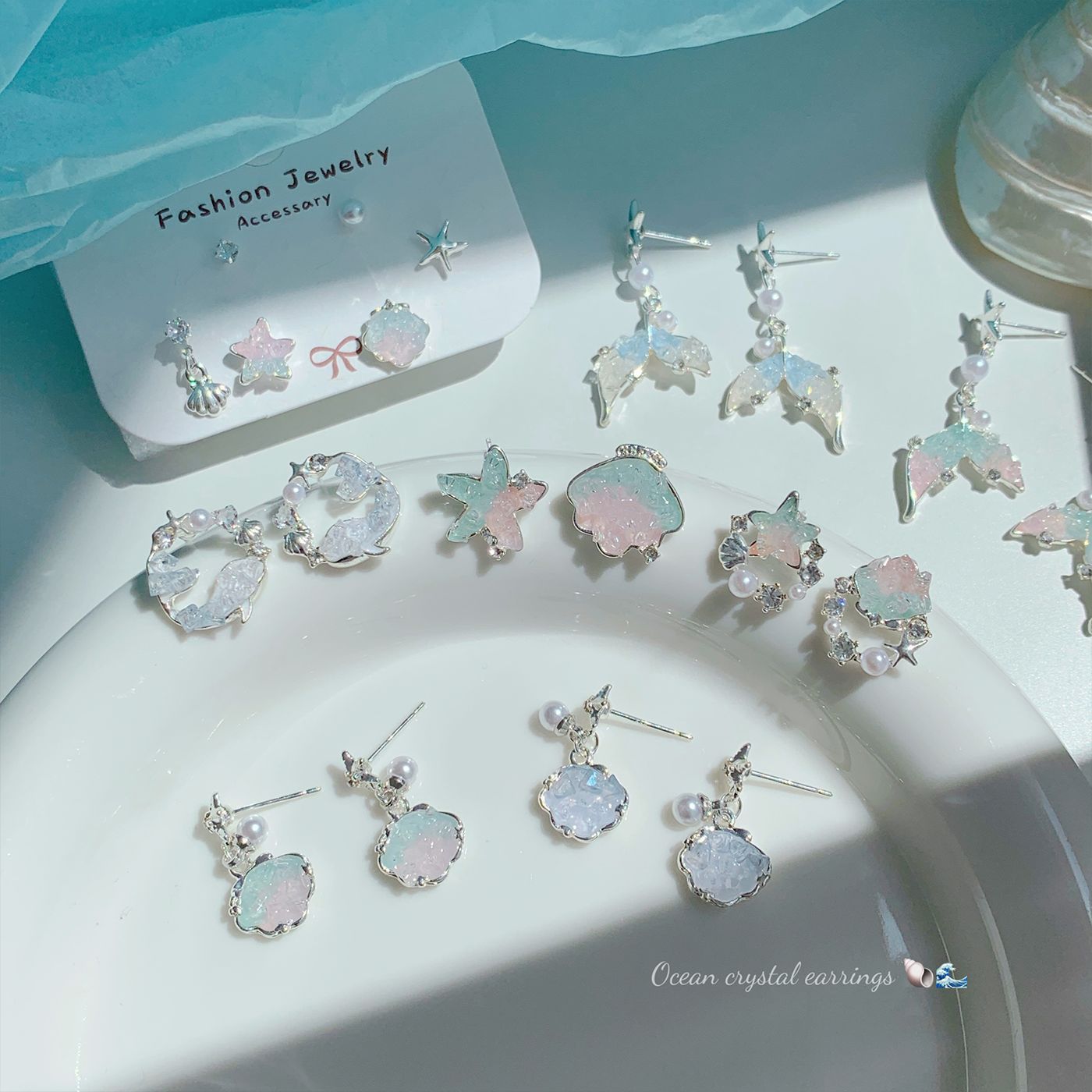 blue ocean gradient starfish crystal stud earrings for women silver needle pearl shell exquisite design sense vacation style earrings