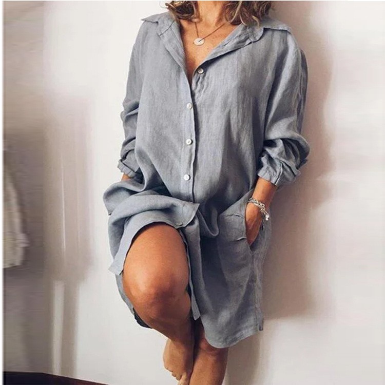 Damen-Strickjacke mit langen Ärmeln, einfarbig, mittellang, aus Baumwoll-Leinen-Mischgewebe, einreihig, lässiges Hemd_voghion.com