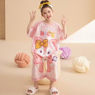 Children's sleeping bag girls' short-sleeved one-piece pajamas pure cotton summer thin cartoon girls' air conditioning clothes kick-proof pajamas