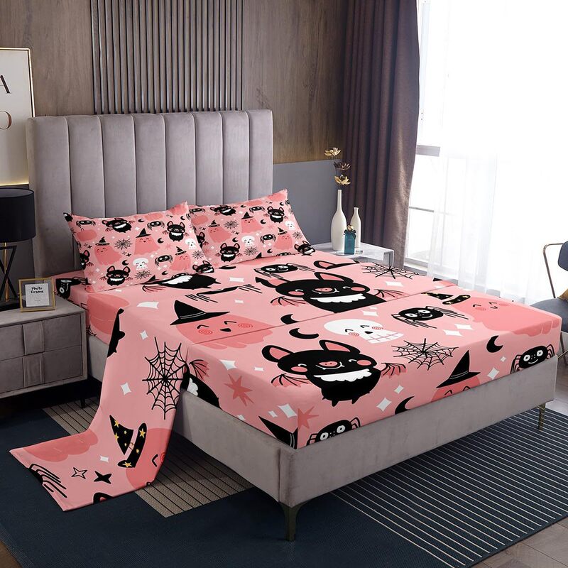 Halloween Cartoon Ghost Bat Pattern Cross-Border Fitted Sheet Four-Piece Set Bedroom Guest Room Dormitory Bedding Decoration