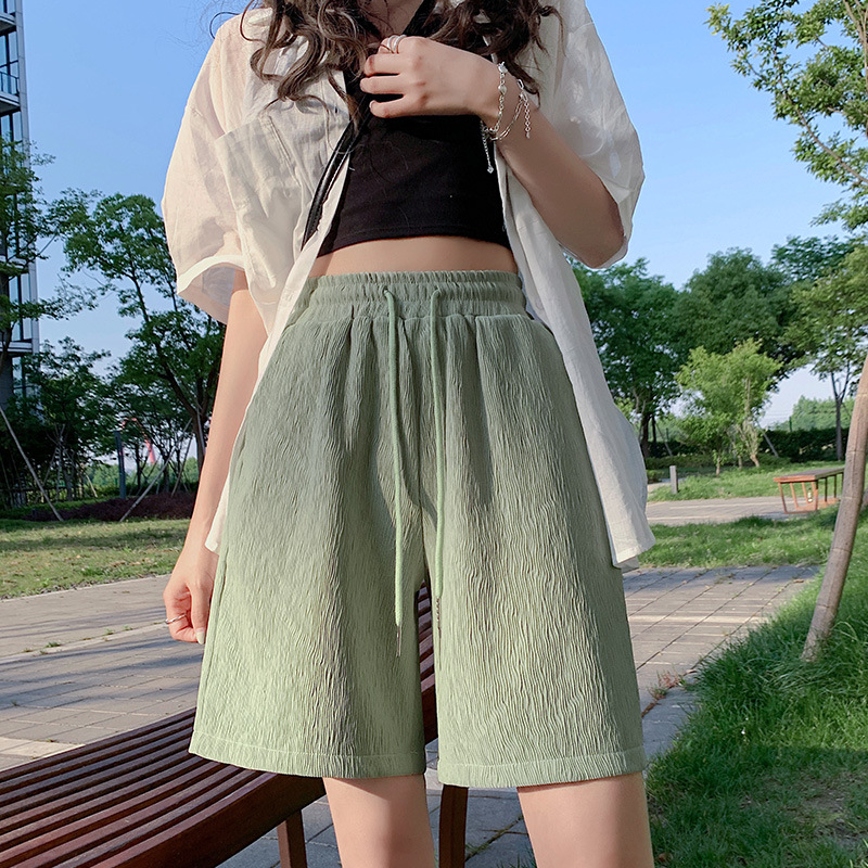 冰丝运动短裤女2024夏季薄款褶皱宽松高腰垂感休闲阔腿五分中裤子