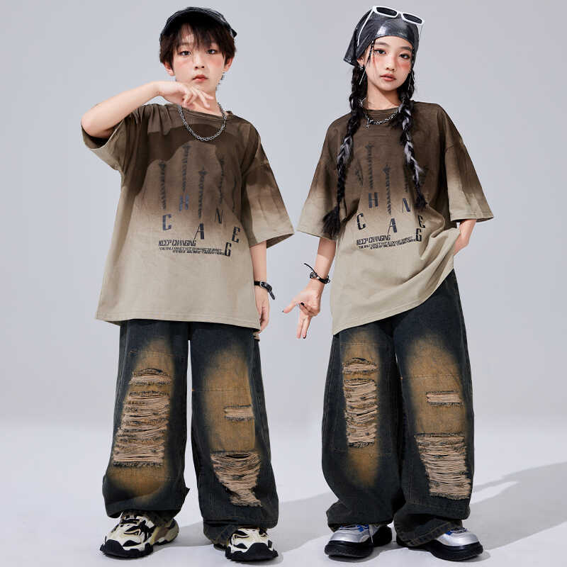 儿 童街舞潮服男女 童新款嘻哈演出服套装废土风时髦走秀爵士舞服