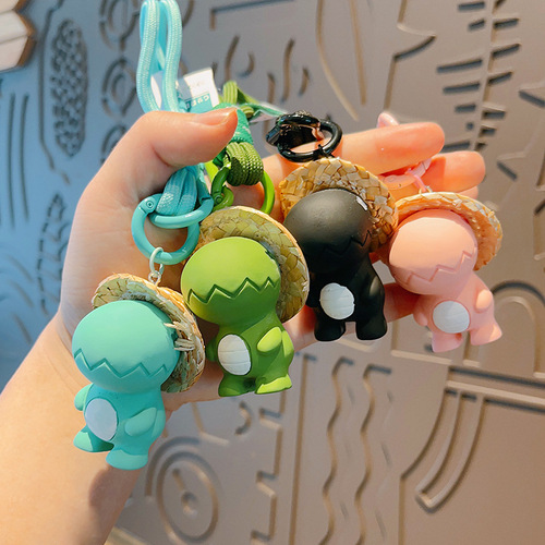Cartoon Cute Resin Straw Hat Dinosaur Keychain Couple Keychain Car Bag Pendant Small Gift Wholesale
