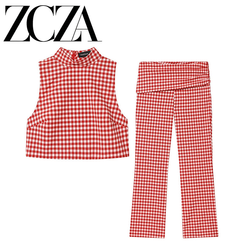 Zcza Self-Made European and American Style New Women's Fashion Versatile Sleeveless High-Neck Plaid Top and Capri Pants