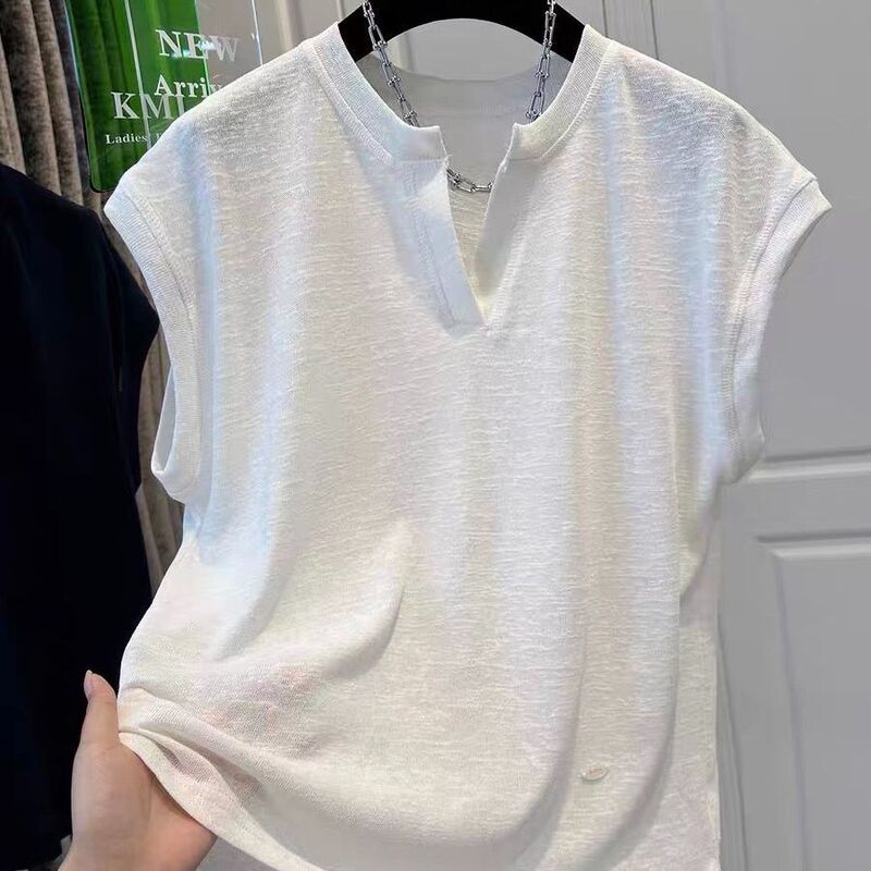 Plus Size 120kg Minimalist Style Scissor Neck White Small Flying Sleeve T-Shirt Summer Women's Lightweight Snowflake Cotton Loose Top Plus Size 120kg Minimalist Style Scissor Neck White Small Flying Sleeve T-Shirt Summer Women's Lightweight Snowflake Cotton Loose Top