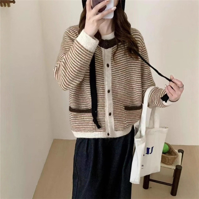 韩系设计感撞色条纹毛衣女2025秋冬宽松百搭慵懒风针织开衫外套潮|undefined