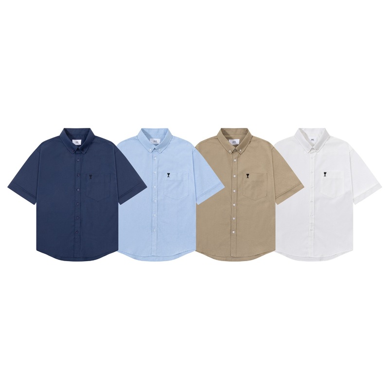 Ami Summer New Short-Sleeved Shirt Men's Solid Color Lapel Loose Casual Cotton Embroidered Couple Shirt Trendy