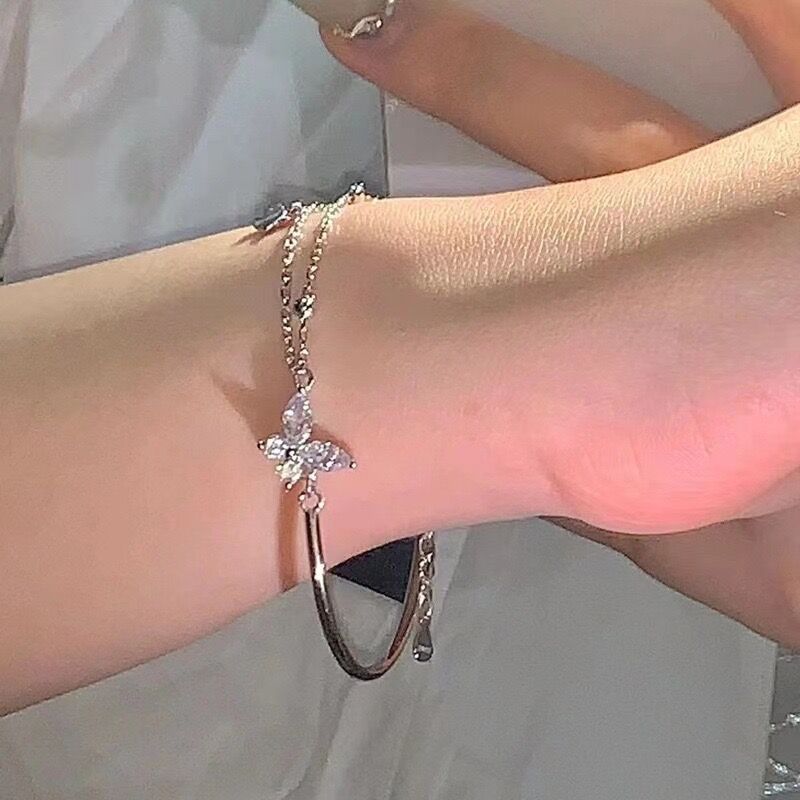 Glitzerndes Schmetterling Armband Mit Doppelter Kette Für Damen_voghion.com