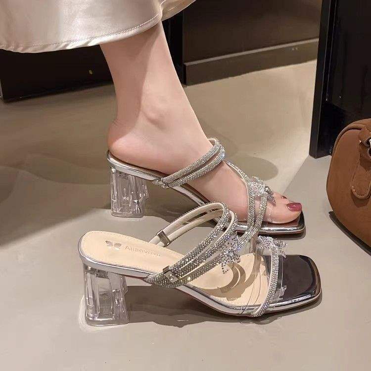 Crystal High-Heeled Sandals for Women, Transparent Rhinestone Chunky Heel Slippers, 2025 New Summer Fashion Fairy Style to Match with Dresses