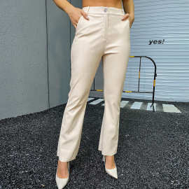 欧美跨境亚马逊外贸女装时尚纯色宽松休闲气质PU皮裤长裤阔腿裤女