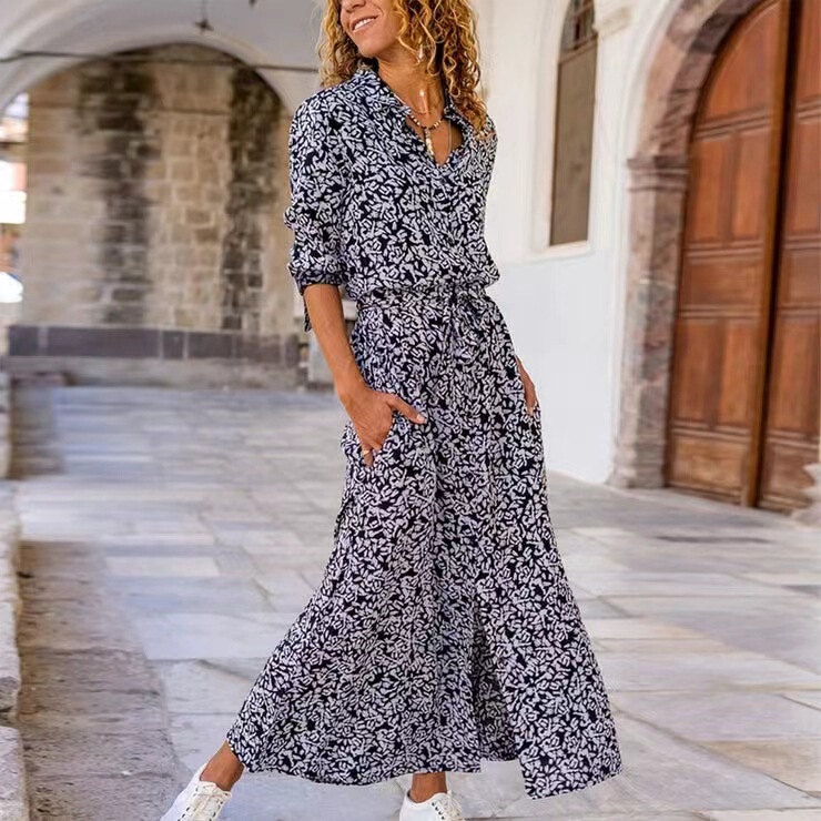 2026 Spring and Autumn Women's New Fashion European and American Style Urban Casual Belted Shirt Long Sleeve Extra Long Pocket Dress