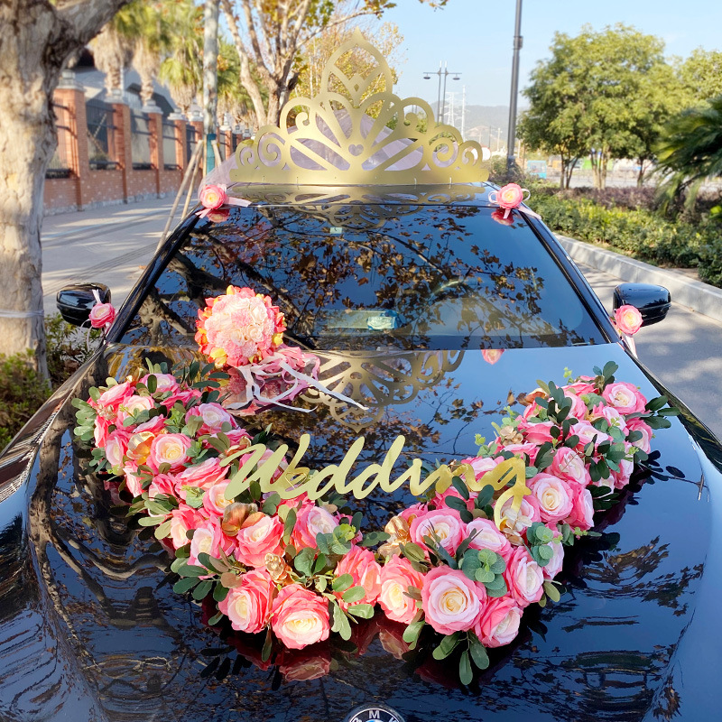Boda coche decoración simulación flotador cabeza flor boda equipo cabeza coche en forma de v rosa festivo boda ramo floral