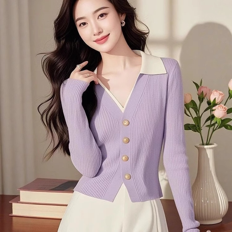 New Purple Knitwear Contrasting Color Knitted Cardigan Long-Sleeved Women's Slimming Look 2025 Foreign Style Fashion Top