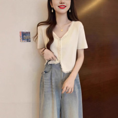 Xiaoxiangfeng Vネックカーディガントップ女性の夏の新しい大きいサイズ少し太ったmmスリムハイエンドフレンチショートシャツ