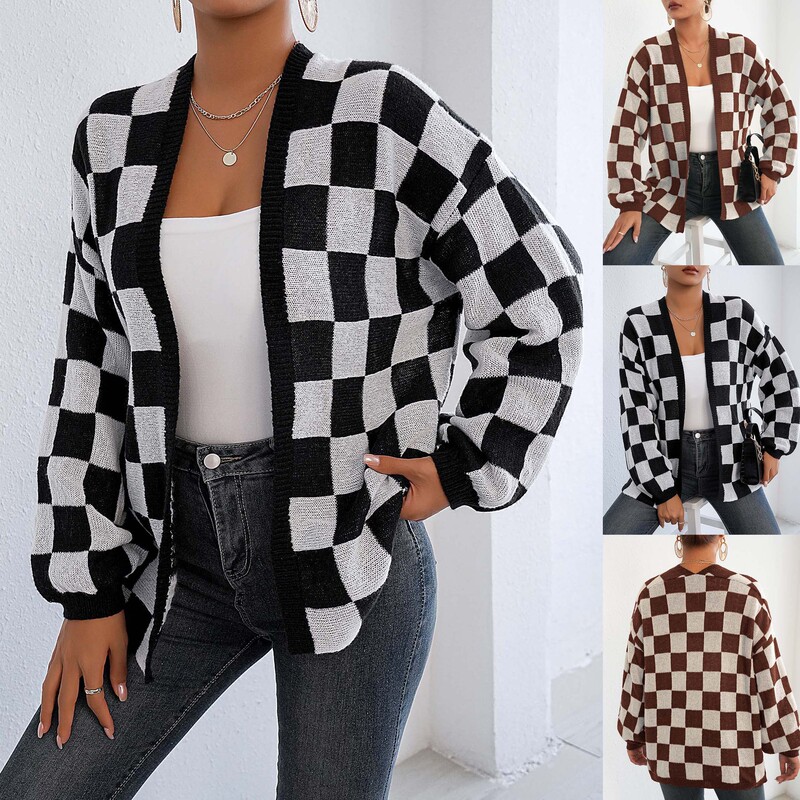 Women's Woolen Cardigan Cross-Border European and American Clothing Contrasting Color Stitching Checkerboard Loose Casual Sweater Jacket M682