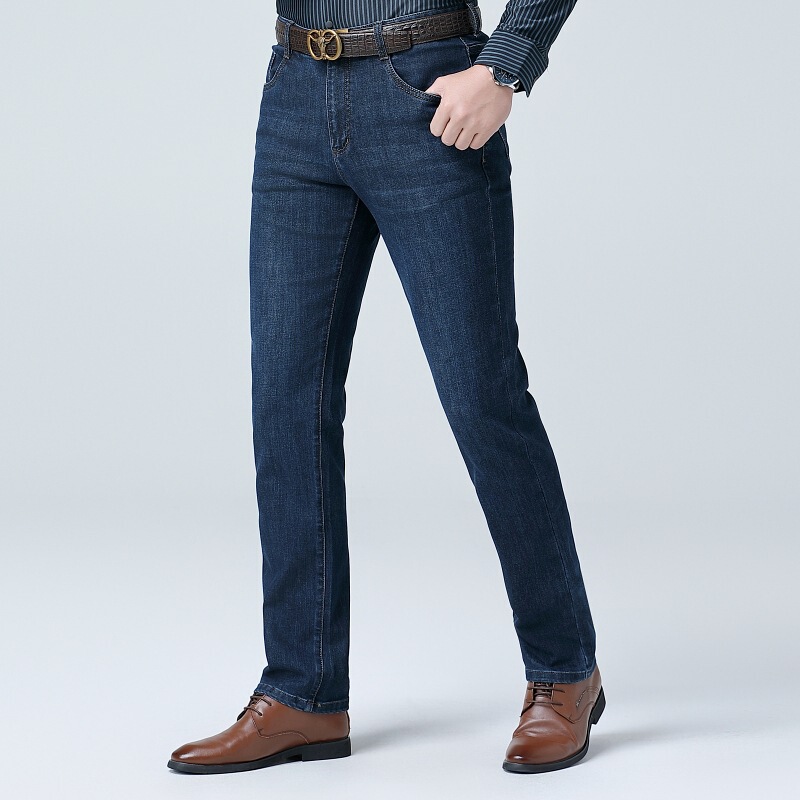 Men's High-End Denim Jeans for Autumn and Winter, Cotton Straight High-Waisted Washed Jeans, Thick