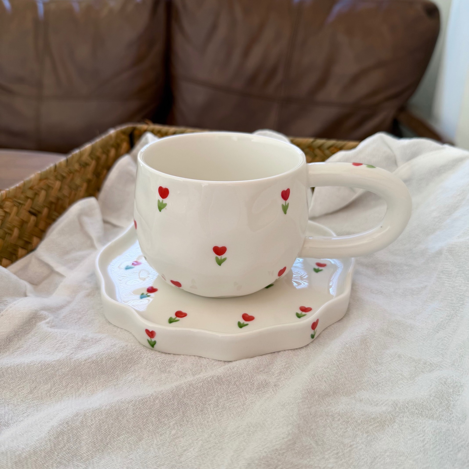 Navidad francesa retro pinza de mano pura pintada a mano taza de café de cerámica plato de alto valor plato de postre de té de la tarde