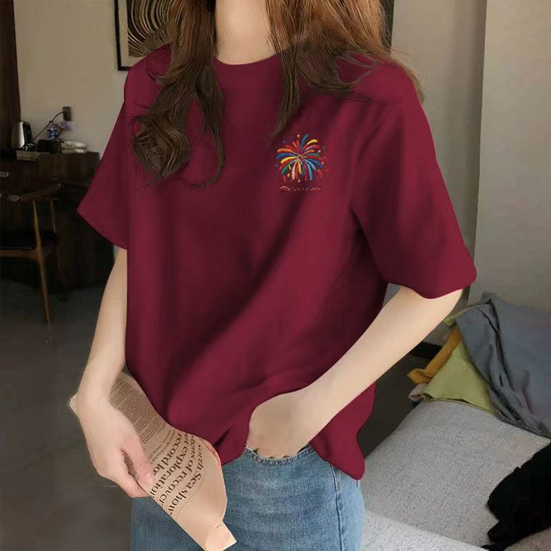 Pure Cotton Short-Sleeved Women's T-Shirt Summer Regular Shoulder Burgundy Fashion Casual Heavy-Duty Loose Women's T-Shirt New Style Women's Clothing