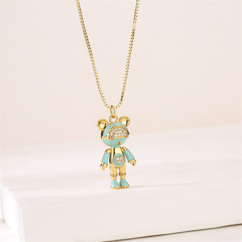 Fashion Bear Copper Enamel Plating Inlay Zircon Pendant Necklace 1 Piece