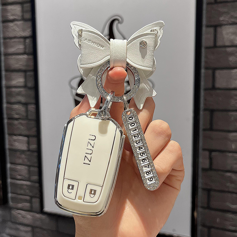 이스즈-스마트 2 키 [싱글 쉘 화이트] + 화이트 보우 다이아몬드 버클 + 실버 번호판