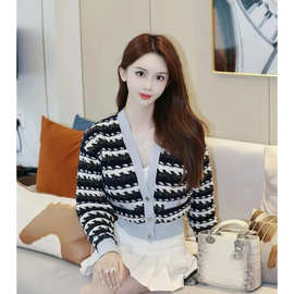 深圳南油高端女装欧美原单小香风V领条纹气质名媛羊绒针织开衫女