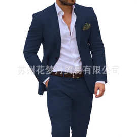 亚马逊外贸新款男士西服两件套两粒扣亚麻棉麻纯色跨境西装套装