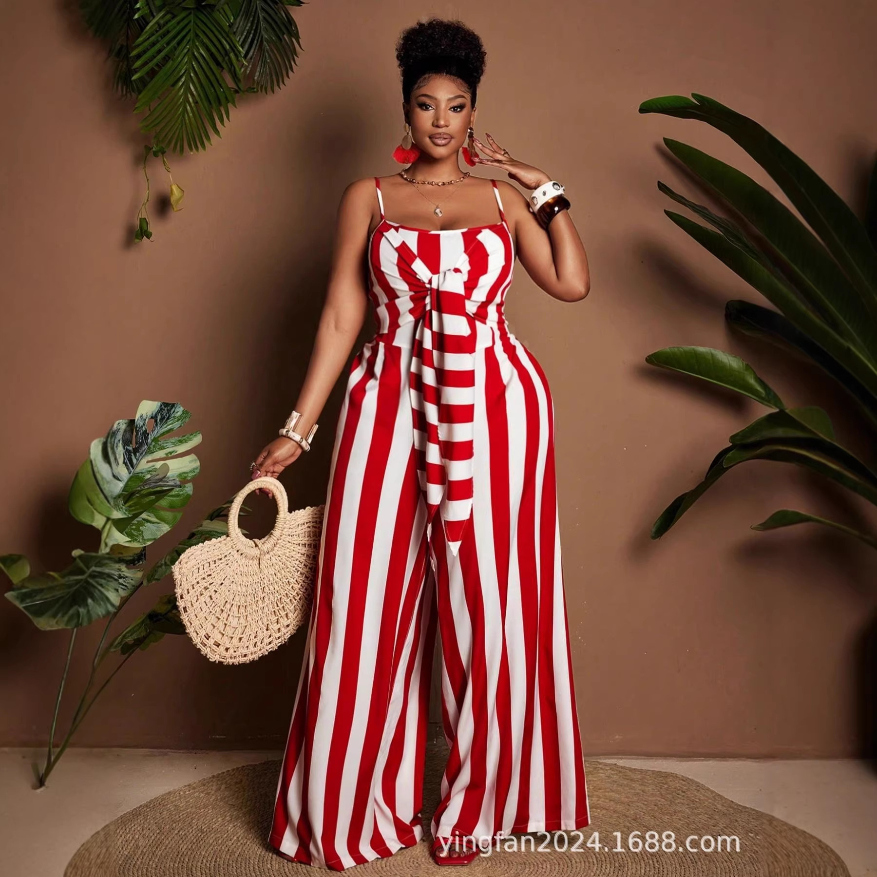 Tiktok Pinduoduo Foreign Trade Cross-Border European and American Plus-Size Women's Striped Suspender Jumpsuit Tiktok Hot Item