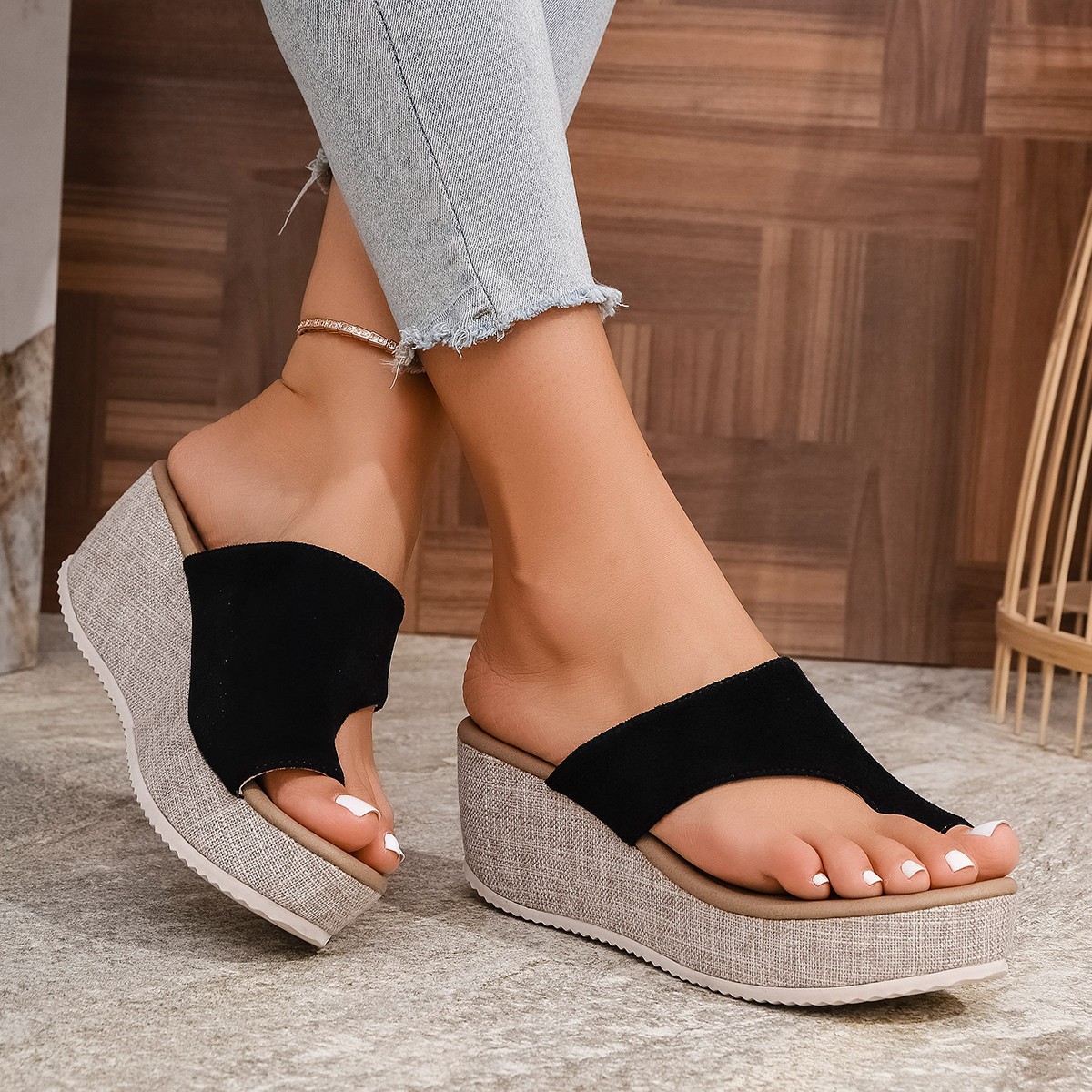 Damenschuhe Große Keilabsatz-Sandalen mit Zehenplattform und dicker Sohle, modische Schuhe_voghion.com