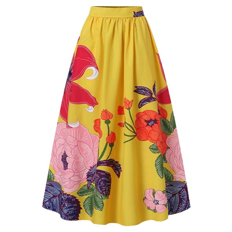 European And American Cross-border Foreign Trade Women's Skirt, Bohemian Floral Loose High-waisted Holiday Flared Pocket_ecoleips.com