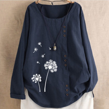 2025女装春秋棉麻衬衫蒲公英清新印花休闲透气长袖上衣棉麻套头衬