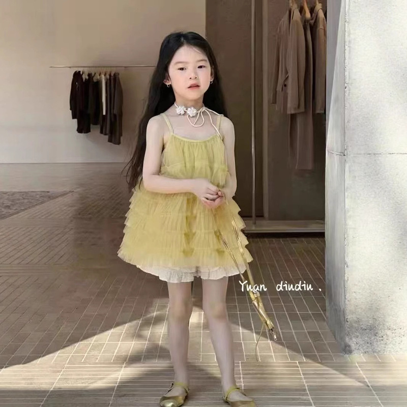 女小童夏套装新款女宝宝蛋糕吊带上衣裙杏色泡泡短裤两件套|undefined