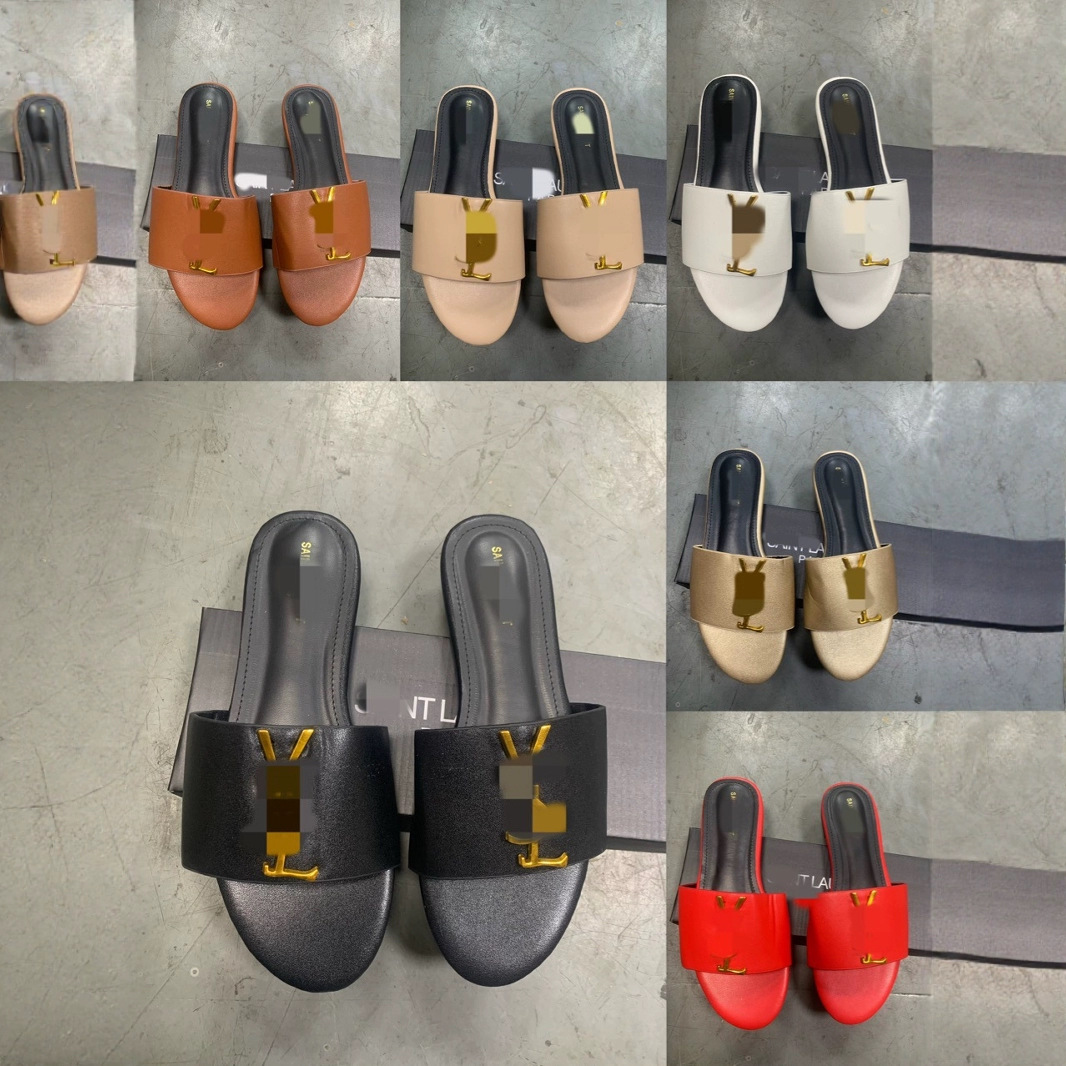 跨境外贸出口源Y家一字露趾金属扣大码平底拖鞋Ladyslippers透气