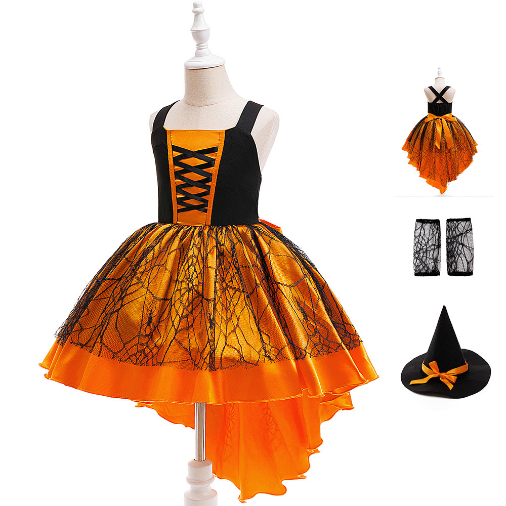 Halloween trajes de niños naranja bruja cosplay rol de bruja cola de golondrina calabaza ping-pong vestido