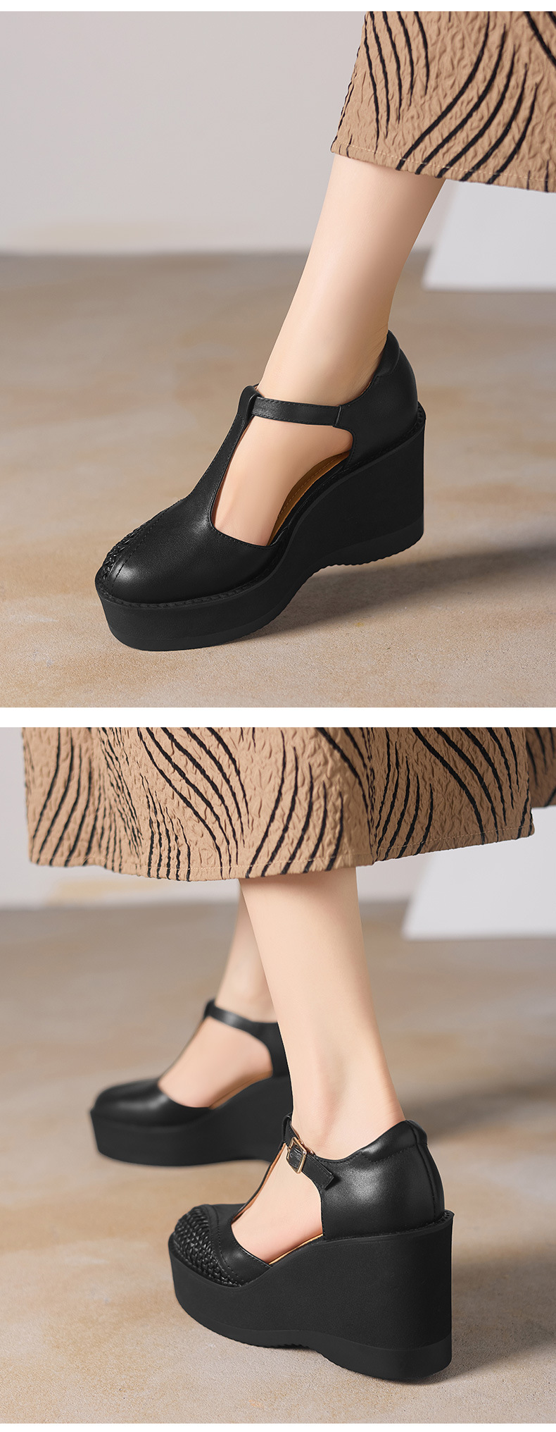 Sandal cao gót nữ quai ngang khóa T, đế dày platform, gót 9.5 cm — đen chi tiết 8