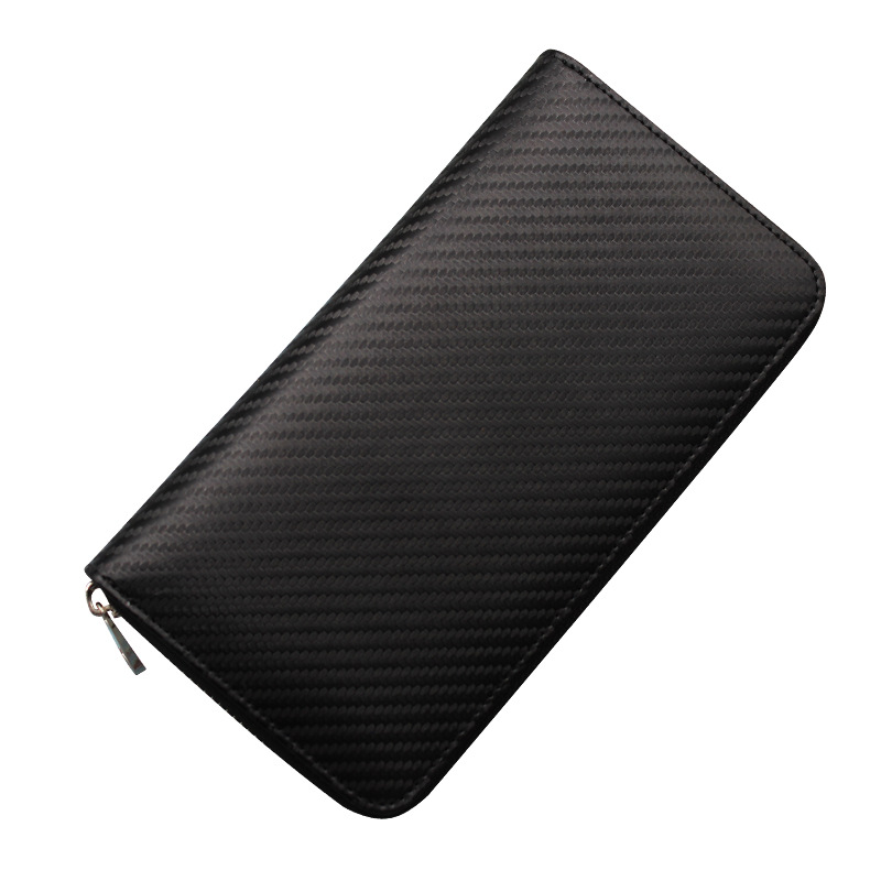 Cartera larga estilo japonés personalizada de Amazon, cartera de fibra de carbono multifuncional con cremallera, cartera de negocios tipo acordeón de cuero genuino