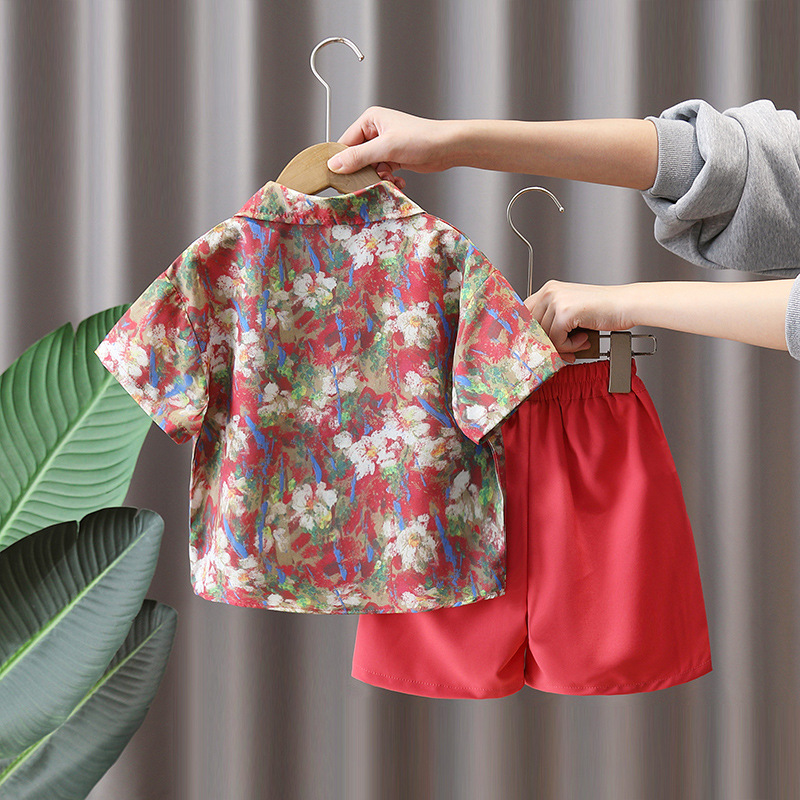 7287 Traje de camisa de flores rojas para niños 2025 Nuevo estilo de verano Ropa de manga corta de moda Traje de dos piezas de verano para niños