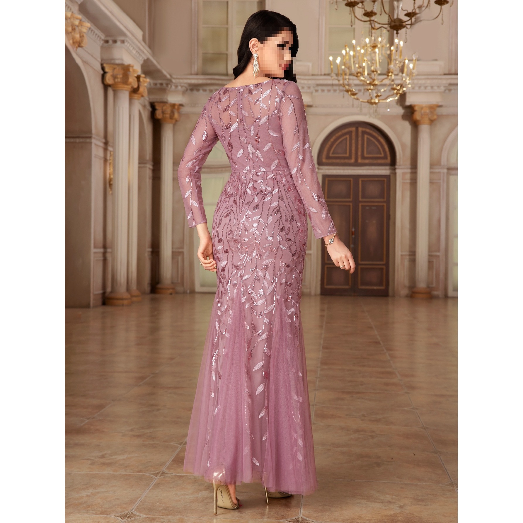 European and American Cross-Border Hot-Selling Long-Sleeved Round Neck Fully Lined Back Zipper Fishtail Skirt Banquet Evening Dress for Women in Stock