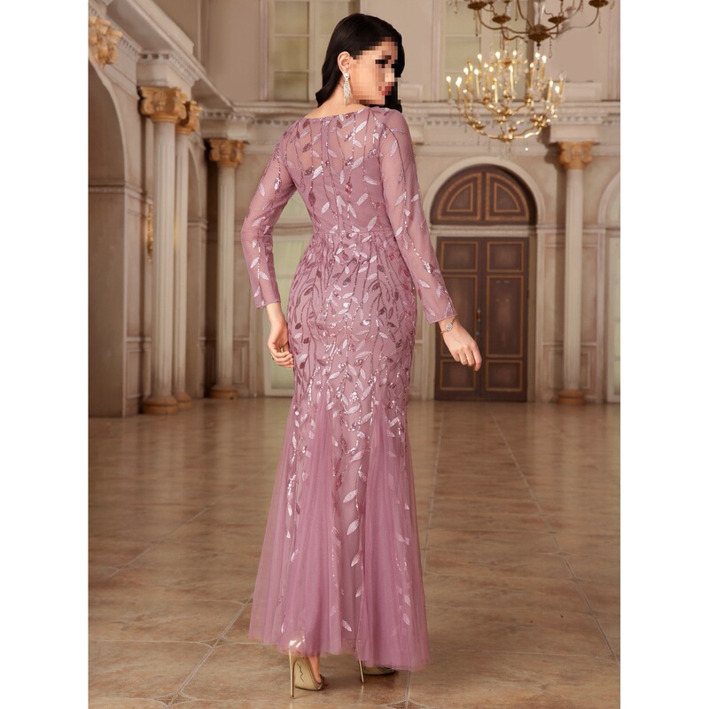 European and American Cross-Border Hot-Selling Long-Sleeved Round Neck Fully Lined Back Zipper Fishtail Skirt Banquet Evening Dress for Women in Stock