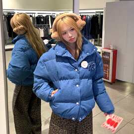 王心凌金智妮同款美式复古高级感慵懒风蓝色短款冬季棉衣