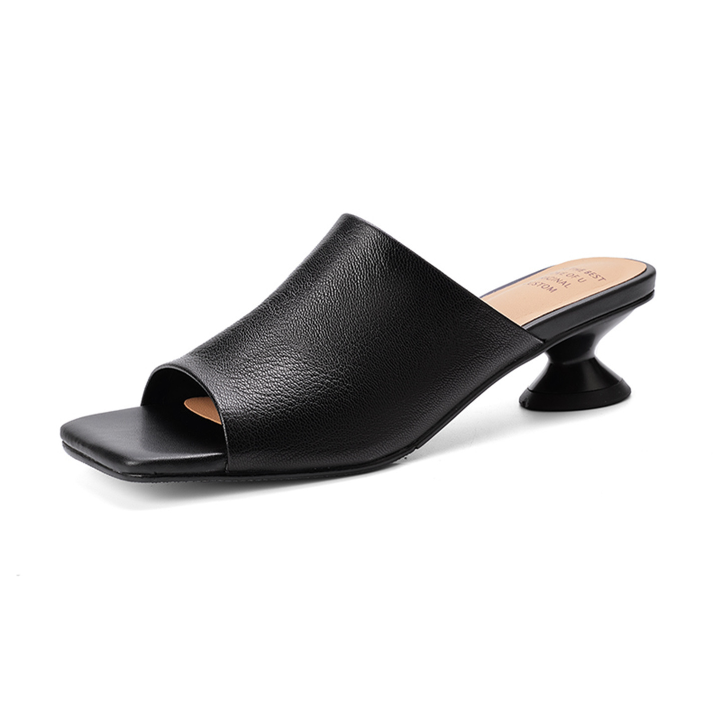 Sandal cao gót nữ da cừu mũi hở gót vuông 4 cm — đen