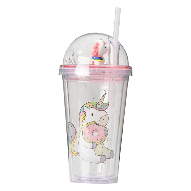 Internet celebridad de dibujos animados unicornio taza de agua de doble capa de plástico de hielo taza de trituración taza de paja taza de alto aspecto estudiante taza de los niños