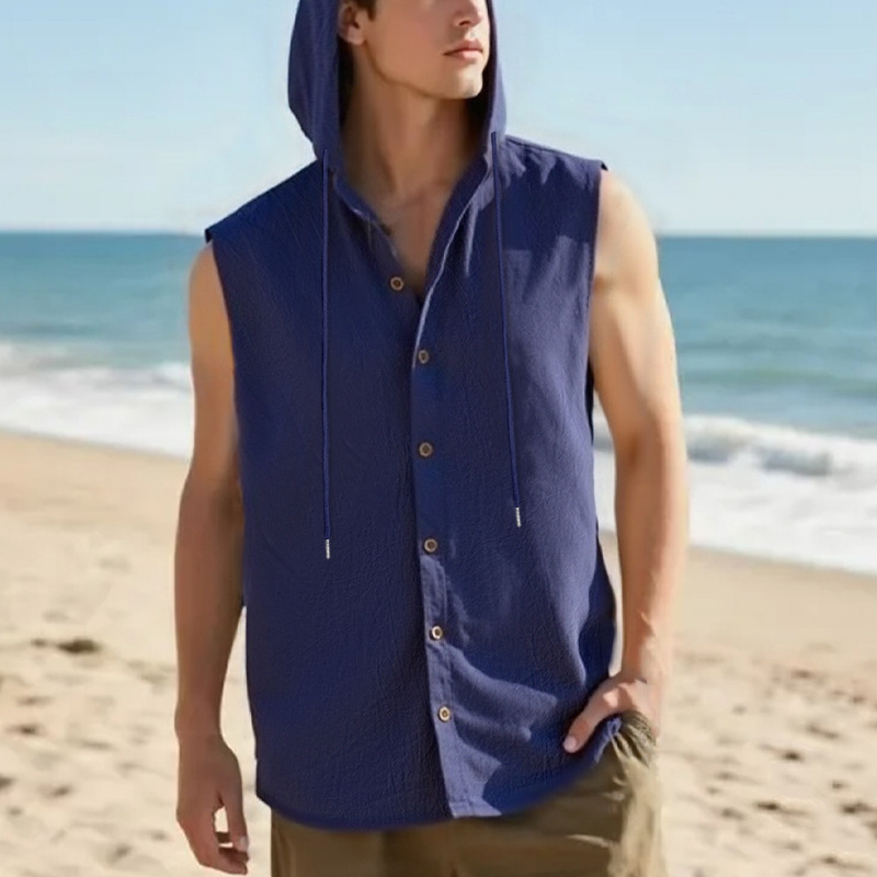 Nuevo transfronterizo Amazon nuevo estilo americano de verano hombre relajado casual lino sólido con capuchón camisa sin mangas