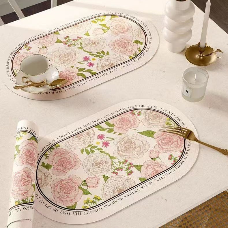 핑크와 화이트 로즈 고온 방지 테이블 매트, 고급스러운 서양식 식탁 매트, 가죽 식사 단열 매트, 방수 및 방유 그릇 매트