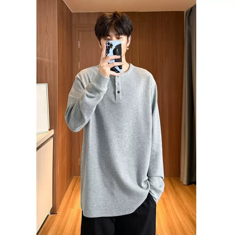 2026 Spring and Autumn New Waffle Long-Sleeve Casual T-Shirt for Men, Loose Fit, Large Size, Henley Collar, Textured