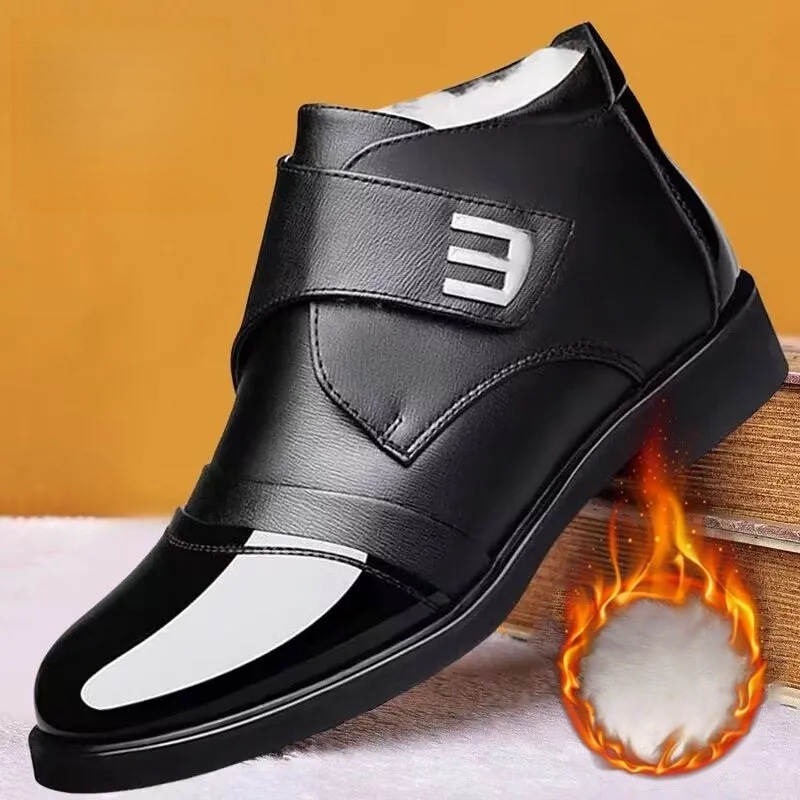 Men's Cotton Shoes with Fleece Lining, Thickened Winter New Boots, High-Top Business Warm Snow Boots, Middle-Aged and Elderly Men's Leather Shoes