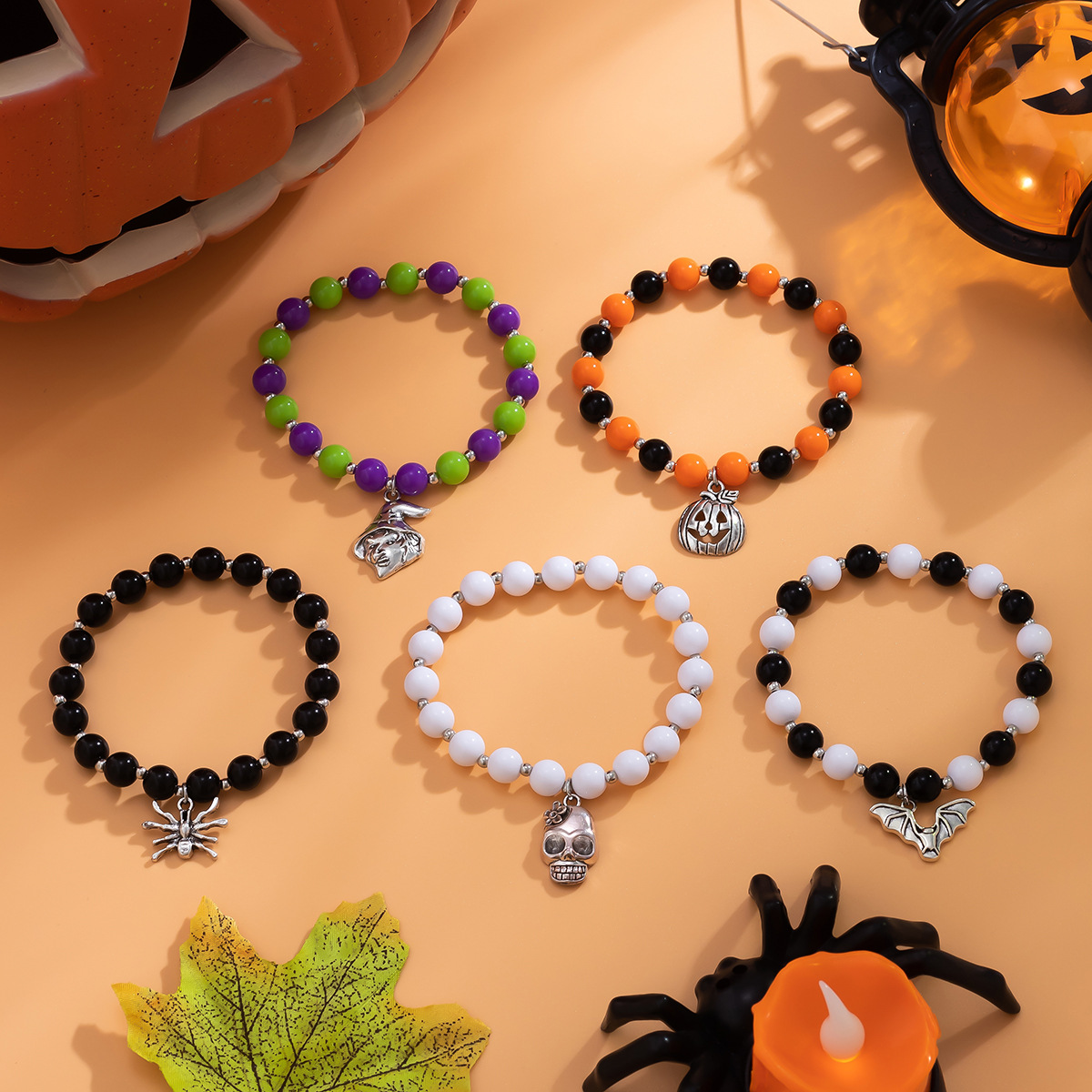 Ensemble de bijoux en perles grimace d'Halloween transfrontalier européen et américain, fête de vacances, squelette de sorcière, nouveau bracelet, bijoux_voghion.com