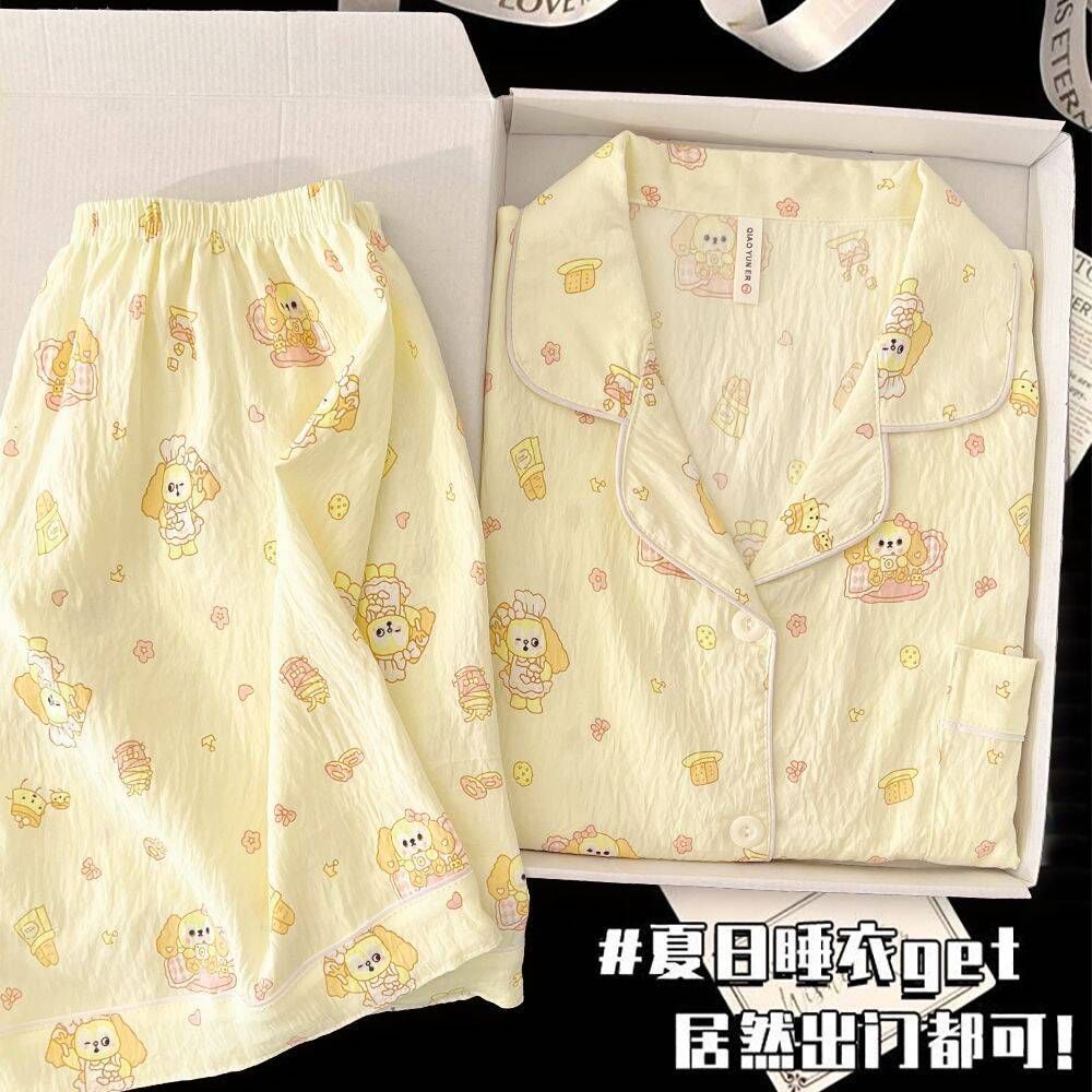Comercio exterior de Vietnam verano nuevo estilo nube rebeca de algodón solapa dulce pijama de dibujos animados pantalones cortos de manga corta traje de servicio a domicilio para mujer